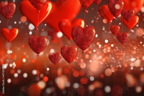 Red heart air balloon background with glitter bokeh shapes on ribbons design concept generative AI