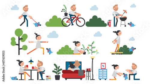 Daily life at home of couples. Young couples. Doing various activities at home. life style concept vector flat icon set.