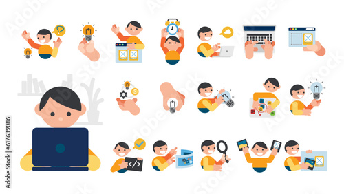 Design and development concept illustrations. Set of people vector illustrations in various activities of graphic and web design and development, social media, creative process, app development. 