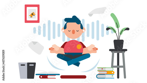 Man meditating, wearing headphones, floating above the floor. Meditate and calm your mind.