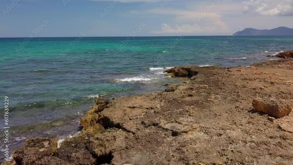 Aerial view of natural beach near city Can Picafort. Balearic Islands Mallorca Spain. Travel agency vacation concept. Aerial view of natural beach near city Can Picafort. Balearic Islands Mallorca Spain. Travel agency vacation concept.