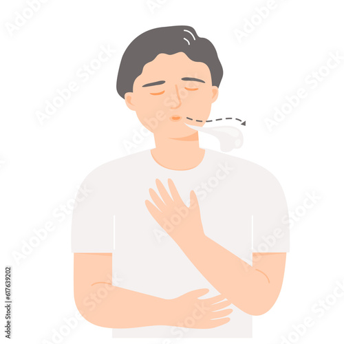 Isolated of a boy do deep breathing, flat vector illustration.