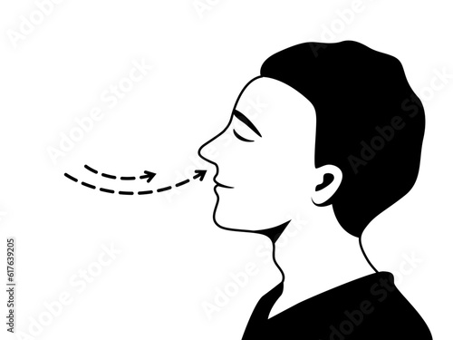 Side view of a man do deep breathing,  outline vector illustration.