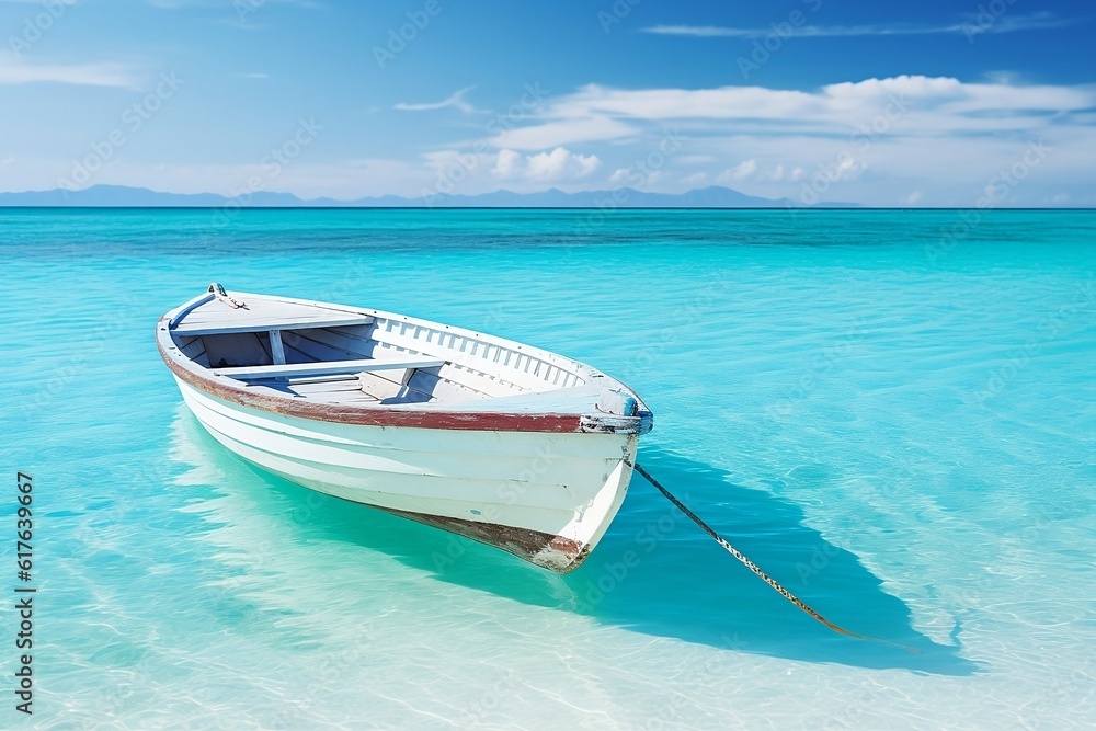 Naklejka premium Idyllic Caribbean Escape: Tranquil White Rowboat on Turquoise Waters