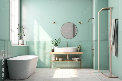 Luxurious spa-style bathroom with a relaxing color scheme  featuring a freestanding tub and a rain  shower.