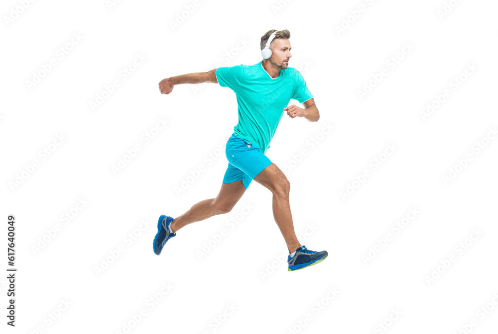 sportsman runner running isolated on white backdrop. Man sportsman running for exercise in studio. sportsman jogger running. The sportsman running at full speed towards the finish line