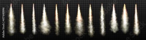 Rocket launch smoke trail with fire flame vector. Isolated realistic jet takeoff explosion speed effect. White spacecraft spray set with steam track in air. Airplane start engine burst take off.