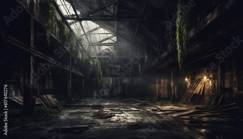 Spooky old ruin, abandoned factory, rusty metal, rotting flooring, destruction generated by AI
