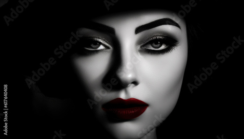 Young adult female beauty in black and white glamour portrait generated by AI