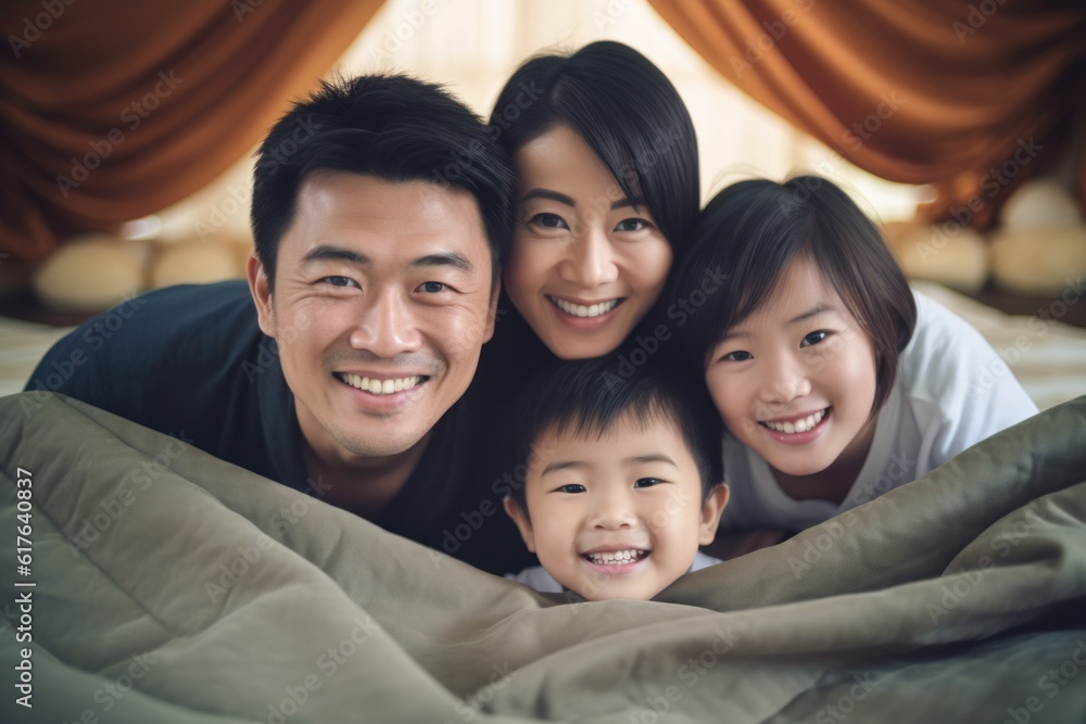 Asian family lying on mat with smiling faces Looking at the camera showing beautiful white teeth