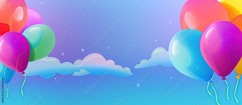 Group of colored glossy helium balloons background.Panoramic horizontal background with copy space. Set of balloons for birthday, anniversary, holiday decorations. Generative AI illustration.