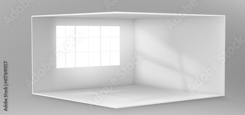 Empty white room with window on wall and light vector background perspective view. 3d studio interior with space inside for conference or gallery exhibition. Realistic clear corner apartment scene