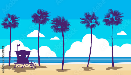 Beach landscape with Lifeguard Tower, Station. Palms, sea, ocean, coast view