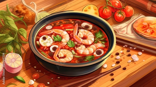 Thailand food: spicy shrimp soup, close up. (Illustration, Generative AI)