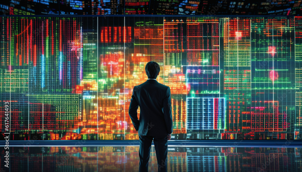 Glowing businessman standing in futuristic cityscape, watching data growth generated by AI