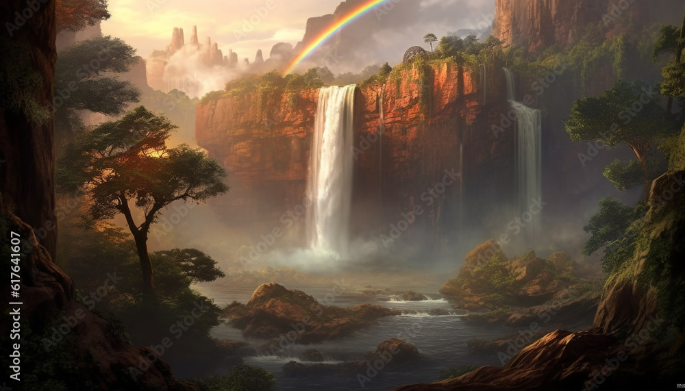 Majestic mountain cliff, foggy forest, and rainbow after rain generated by AI
