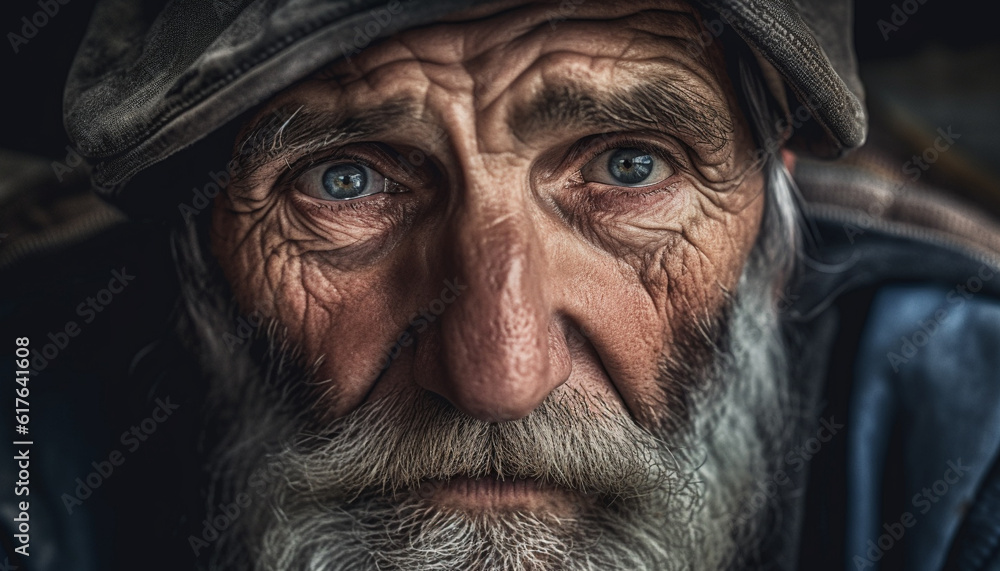 Serious senior man with gray beard staring at camera outdoors generated by AI Serious senior man with gray beard staring at camera outdoors generated by AI