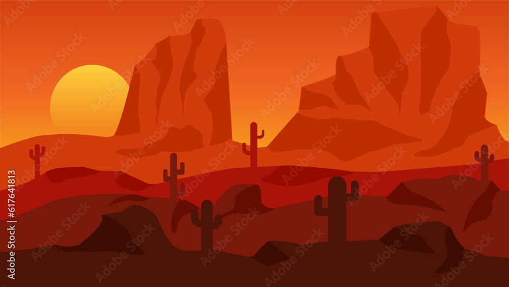 Desert landscape vector illustration. Canyon desert landscape with cactus, tall stone and sunset sky. Mexican desert silhouette landscape for background, wallpaper, display or landing page Desert landscape vector illustration. Canyon desert landscape with cactus, tall stone and sunset sky. Mexican desert silhouette landscape for background, wallpaper, display or landing page
