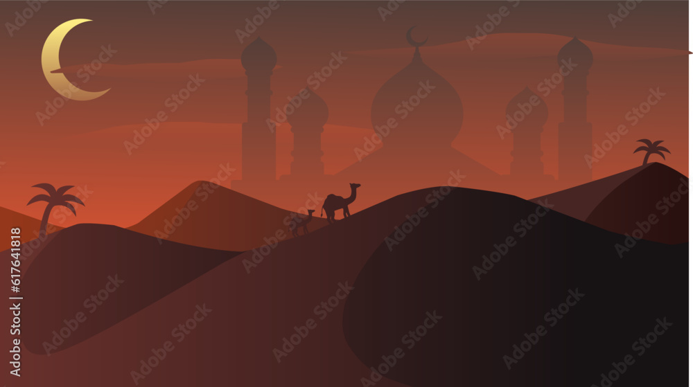 Islamic landscape vector illustration. Mosque landscape with desert and sandstorm. Background landscape for islam religion and muslim faith. Wallpaper of design mountain with mosque silhouette