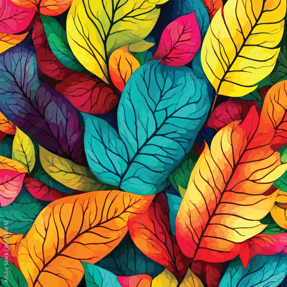 Appealing hand-drawn rainbow-colored abstract leaves pattern