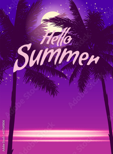 Hello Summer night party background with palms, design template, flyer. Summertime poster © hadeev