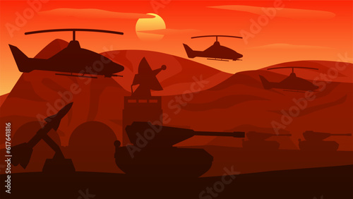 Military base landscape vector illustration. Military army with tank, helicopter, artillery and radar tower. Battlefield silhouette landscape for background, wallpaper, display or landing page