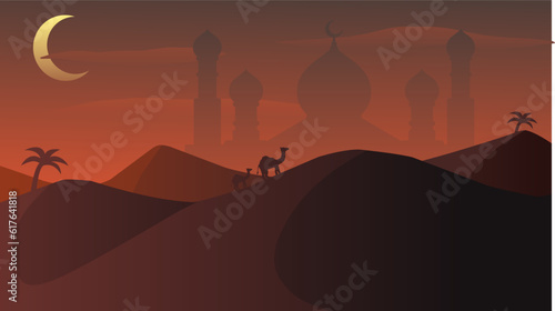 Islamic landscape vector illustration. Mosque landscape with desert and sandstorm. Background landscape for islam religion and muslim faith. Wallpaper of design mountain with mosque silhouette