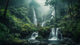 Majestic mountain landscape with flowing water and lush green foliage generated by AI