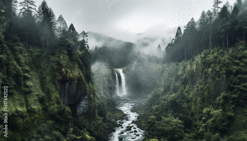 Tranquil scene of majestic mountain range with flowing water and greenery generated by AI