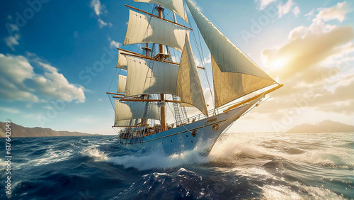 Yacht with sails on the high seas. Generative AI