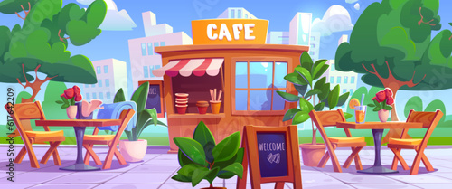 Outdoor cafe booth with table on street scene cartoon illustration. Outside restaurant in park and urban landscape. Cafeteria business with coffee and striped canopy exterior. Lounge area to drink and