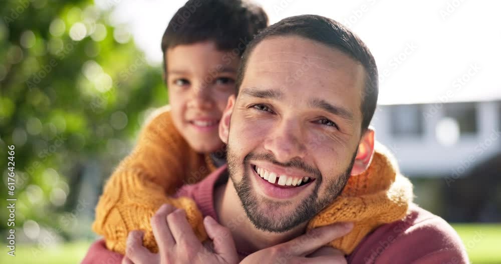 Father, happiness and son on back in outdoor with bonding for relationship with sunshine or fun. Smile, boy and hugging dad from behind in garden with playing in nature at house for quality time. Father, happiness and son on back in outdoor with bonding for relationship with sunshine or fun. Smile, boy and hugging dad from behind in garden with playing in nature at house for quality time.