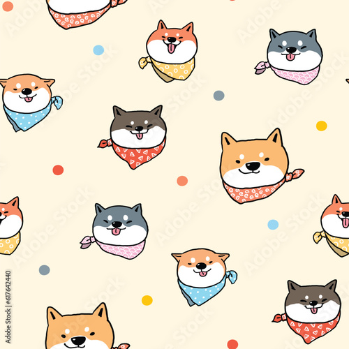 Cute Cartoon Shiba Inu Face Seamless Pattern. Vector Illustration.