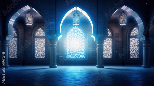 Blue color Moon light shine through the window Islamic background art. Generative ai.