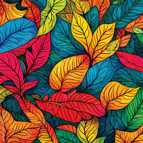 The extraordinary and lovely hand-drawn pattern of abstract leaves in rainbow colors