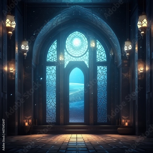 Blue color Moon light shine through the window Islamic background art. Generative ai.