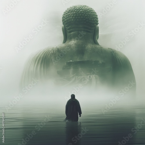 A man walks towards a giant Buddha's head, under water, estatue, giant Buddha, mysterious, Illustration of Buddha statue. generetive ai photo