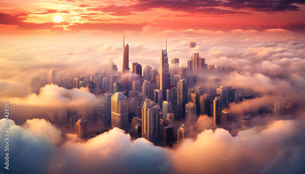 Modern city skyline reflects dramatic sunset sky over mountain peak generated by AI