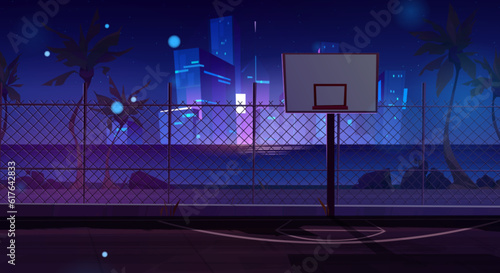 Night street basketball court and neon cityscape. Outdoor playground for basket sport game near sea shore cartoon vector background. Empty school team arena stadium on coast with skyscraper glow view