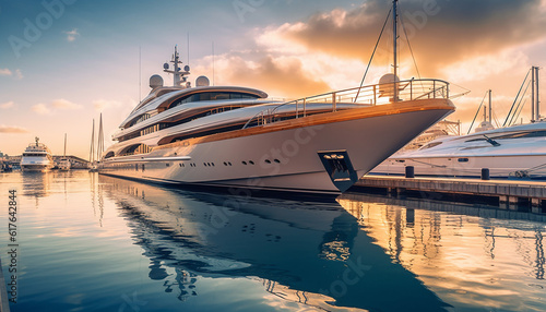 Luxury yacht sails at dusk, reflecting wealth and nature beauty generated by AI