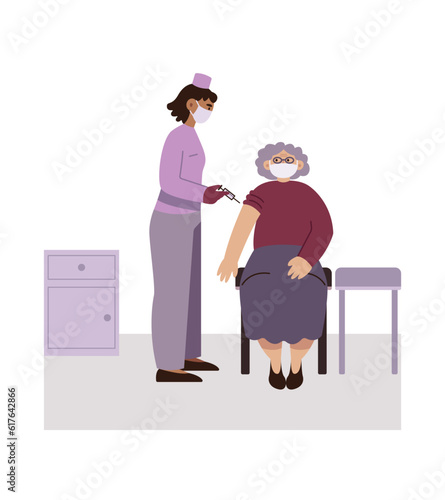 Time to get vaccinated against disease. Nurse gives injection to elderly woman. Health care in old age. Anti pandemic preventive actions. Color vector illustration in flat style