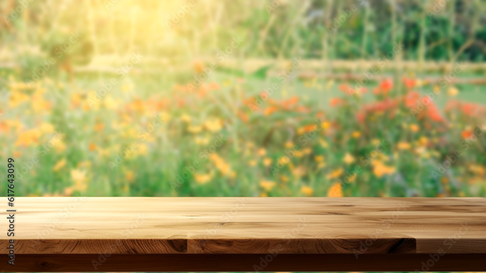 Empty wooden table with blurred flower garden background. The empty space can be used for montage or product and advertising display designs Empty wooden table with blurred flower garden background. The empty space can be used for montage or product and advertising display designs