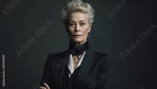 Confident businesswoman exudes elegance and sensuality in black suit generated by AI