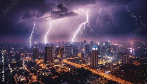 Electricity igniting city skyline, thunderstorm brewing, danger lurking in darkness generated by AI