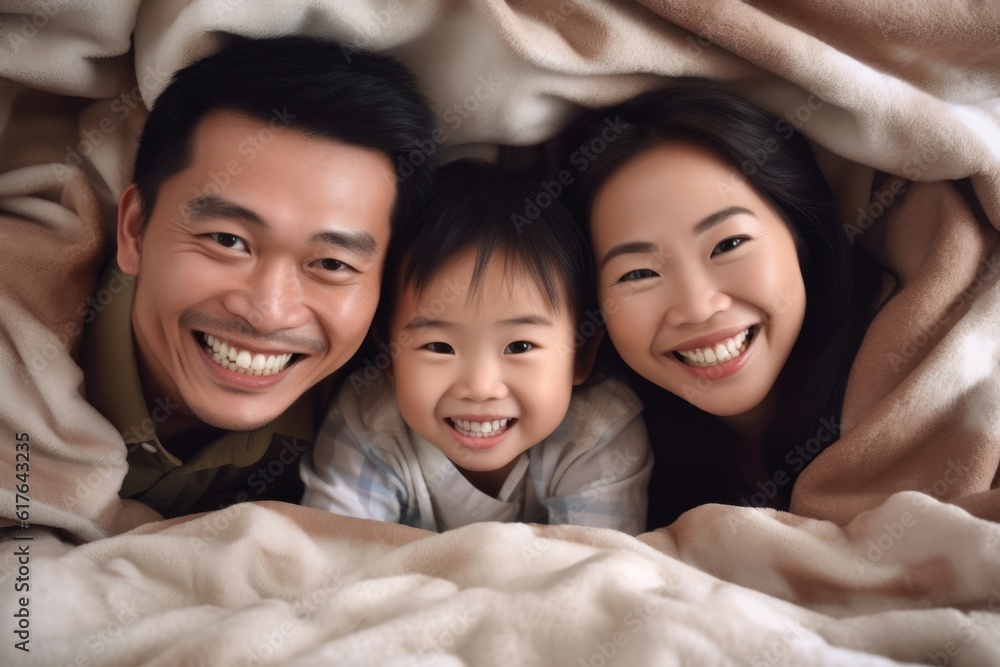 Asian family lying on mat with smiling faces Looking at the camera showing beautiful white teeth Asian family lying on mat with smiling faces Looking at the camera showing beautiful white teeth