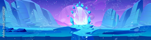 Fantasy ice space background with magic portal in winter. Frozen snow gate for travel to parallel dimension cartoon game panorama landscape. Vector futuristic fairy tale adventure scene with nobody