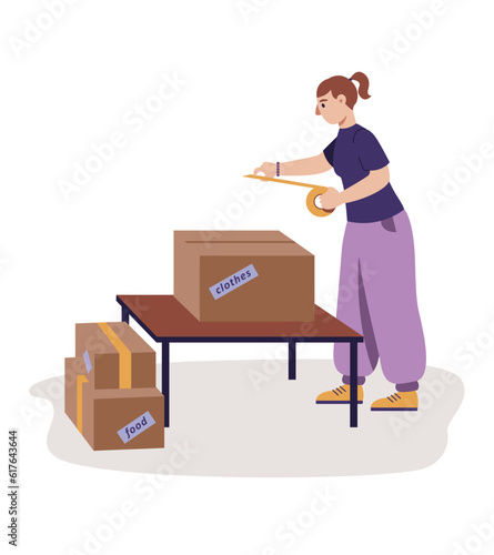 Volunteer holding scotch tape and sealing box with humanitarian aid for people in poverty. Help and support to people in need. Social voluntary. Flat vector illustration in purple colors