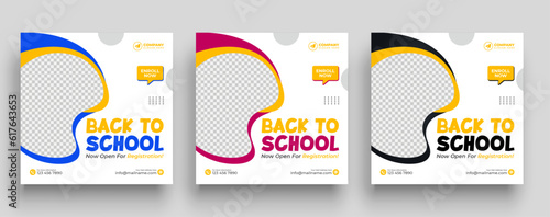 School admission social media post banner design. Back-to-school social media post banner design set. minimalist Back to school admission promotion banner. Back to school banner design ad