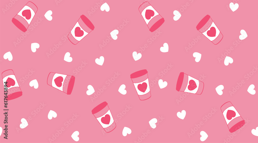 Seamless pattern with hearts and cups on a pink background. Seamless pattern with hearts and cups on a pink background.