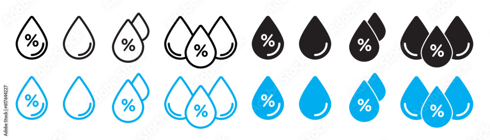 Air humidity icon set in black and blue color. Humidity water drop with percentage sign. - obrazy, fototapety, plakaty 